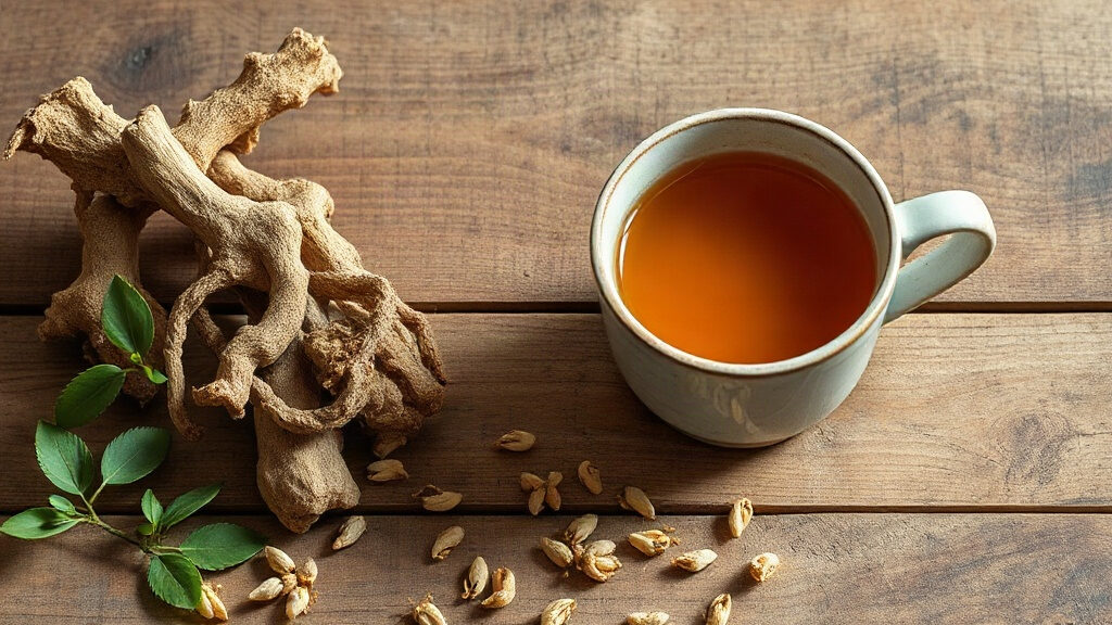 Astragale : comment cette plante soutient vos défenses immunitaires 3 racine d'astragale séchée et infusion dans une tasse en céramique, lumière naturelle