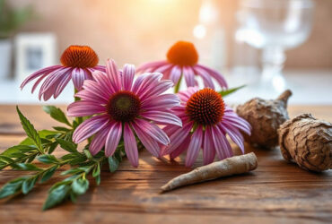 échinacée : fleurs violettes et racine sur table en bois, ambiance hiver naturel