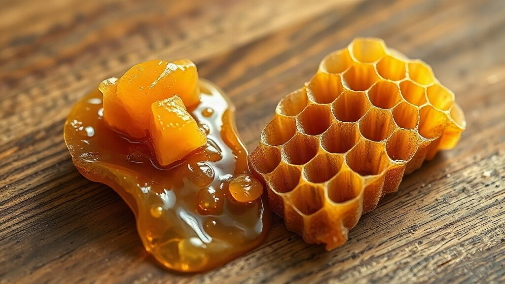 Propolis : comment agit-elle sur vos défenses immunitaires ? 3 propolis brute et rayon de miel sur bois clair, lumière naturelle