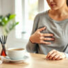 nausées après manger : femme assise à table qui se tient l'estomac après le repas
