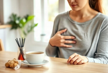 nausées après manger : femme assise à table qui se tient l'estomac après le repas