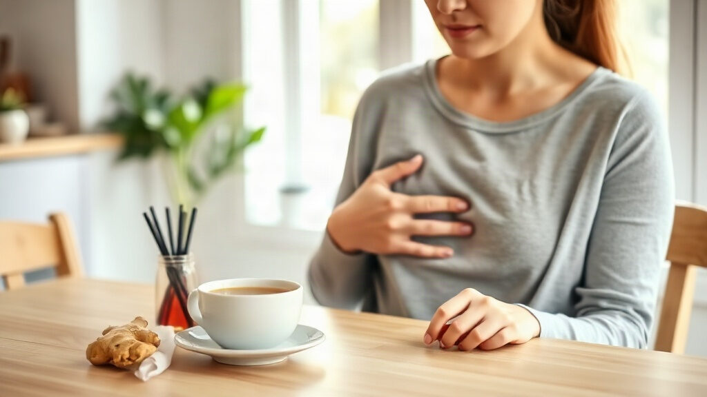 Nausées après manger : 5 causes fréquentes et quand consulter 1 nausées après manger : femme assise à table qui se tient l'estomac après le repas