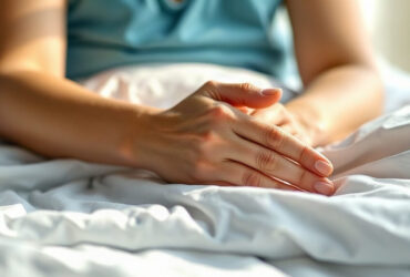 doigts gonflés au réveil : mains d'une femme posées sur un drap blanc dans la lumière du matin