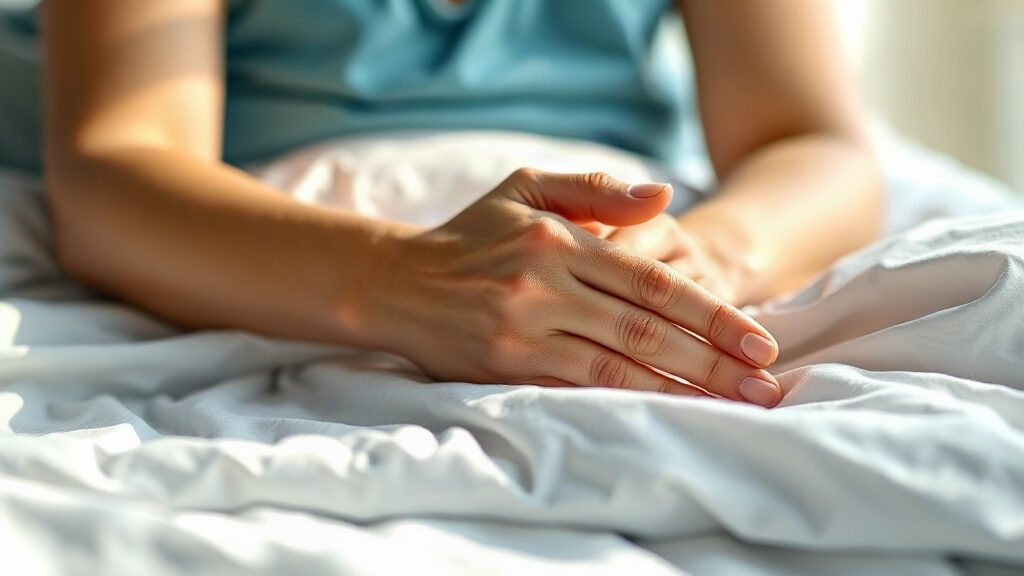 Doigts gonflés au réveil : 5 causes, de la chaleur à l'arthrose 1 doigts gonflés au réveil : mains d'une femme posées sur un drap blanc dans la lumière du matin