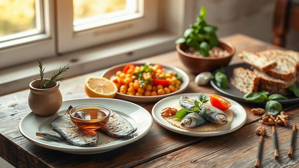 Régime méditerranéen : bienfaits prouvés et menu type sur une semaine 3 Régime méditerranéen : table avec huile d'olive, légumes, poisson et légumineuses