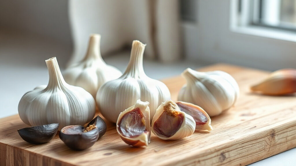 Ail noir ou ail cru : lequel choisir et que change la fermentation ? 3 ail noir et ail cru : têtes d'ail blanc et gousses d'ail noir coupées sur une planche en bois