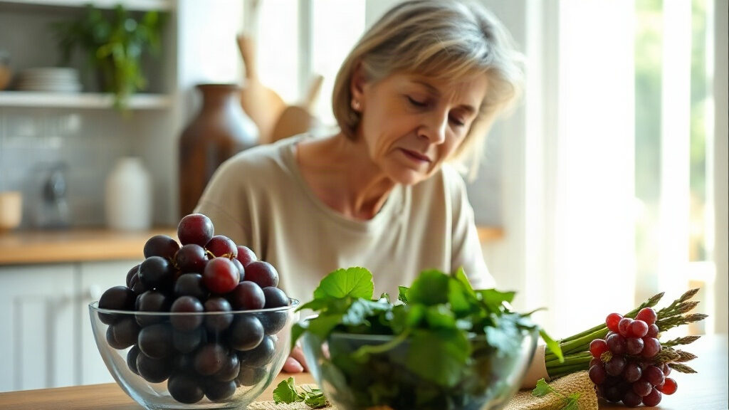 Resvératrol ou glutathion : quel antioxydant choisir après 50 ans ? 3 Femme de plus de 50 ans sereine devant une table de raisins rouges et de légumes verts, illustration du resvératrol anti-âge et du glutathion