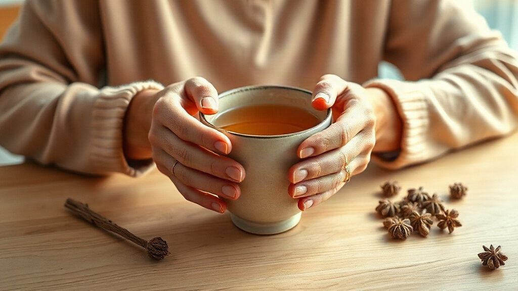 Tremblements des mains : causes fréquentes et quand consulter 3 Tremblements des mains : une femme tient une tasse à deux mains, lumière naturelle