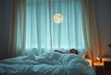réveils nocturnes : personne éveillée dans son lit au milieu de la nuit, chambre plongée dans une lumière bleutée