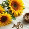 lécithine de tournesol : fleurs et graines de tournesol à côté d'une cuillère de liquide doré à la lumière naturelle