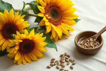 lécithine de tournesol : fleurs et graines de tournesol à côté d'une cuillère de liquide doré à la lumière naturelle