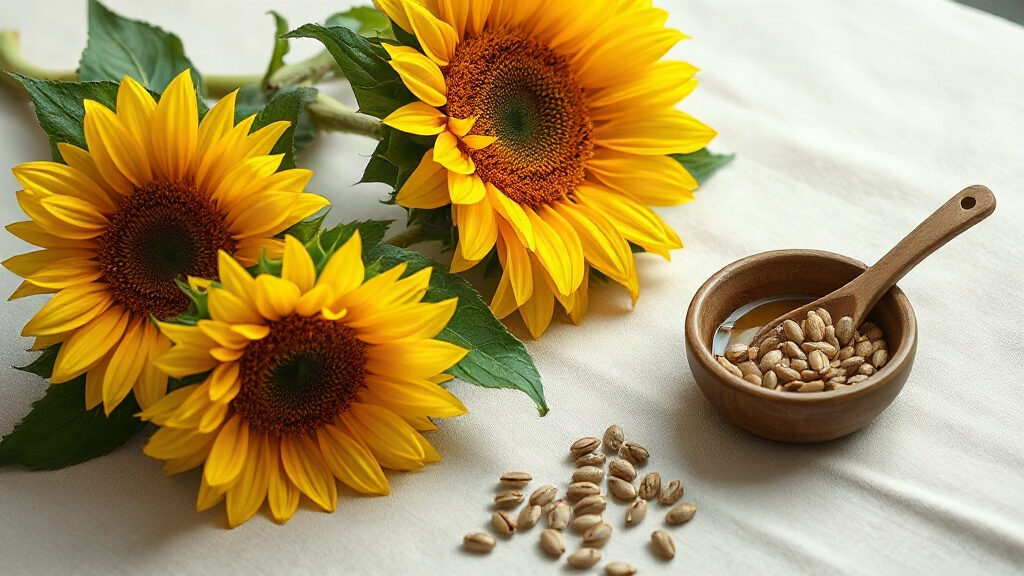 lécithine de tournesol : fleurs et graines de tournesol à côté d'une cuillère de liquide doré à la lumière naturelle