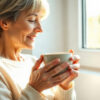 glaires dans la gorge : femme qui boit une tisane chaude près d'une fenêtre