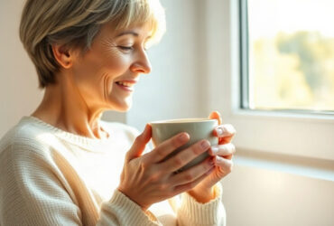 glaires dans la gorge : femme qui boit une tisane chaude près d'une fenêtre
