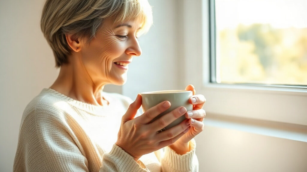 glaires dans la gorge : femme qui boit une tisane chaude près d'une fenêtre