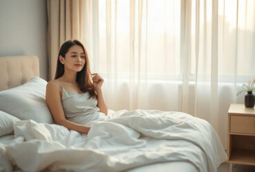 cauchemars et stress : femme qui se réveille au petit matin, assise dans son lit, chambre baignée d'une lumière douce