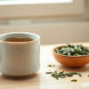 thé vert infusé dans une tasse en céramique à côté de feuilles de thé sur une table en bois