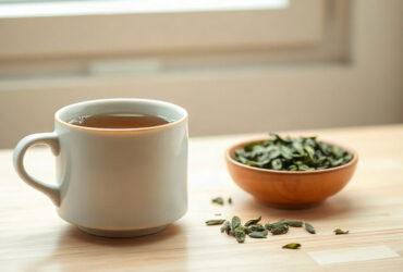 thé vert infusé dans une tasse en céramique à côté de feuilles de thé sur une table en bois