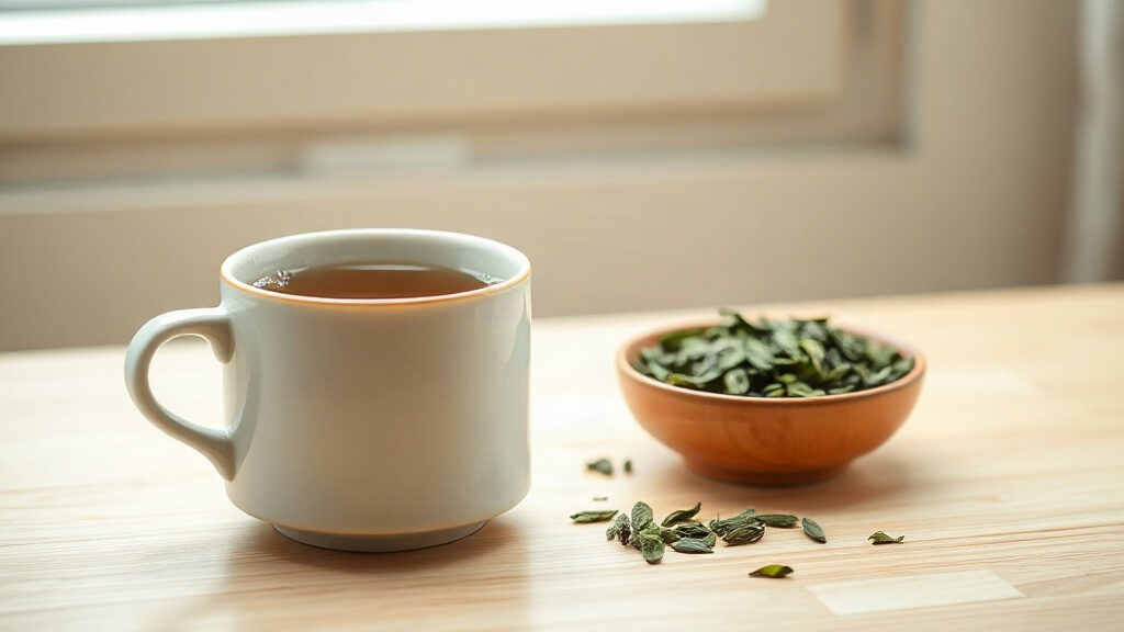 Thé vert : combien de tasses par jour et quelles précautions ? 3 thé vert infusé dans une tasse en céramique à côté de feuilles de thé sur une table en bois