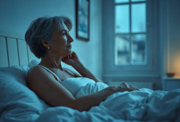 sueurs nocturnes : femme réveillée la nuit dans des draps froissés, chambre baignée d'une lumière bleutée