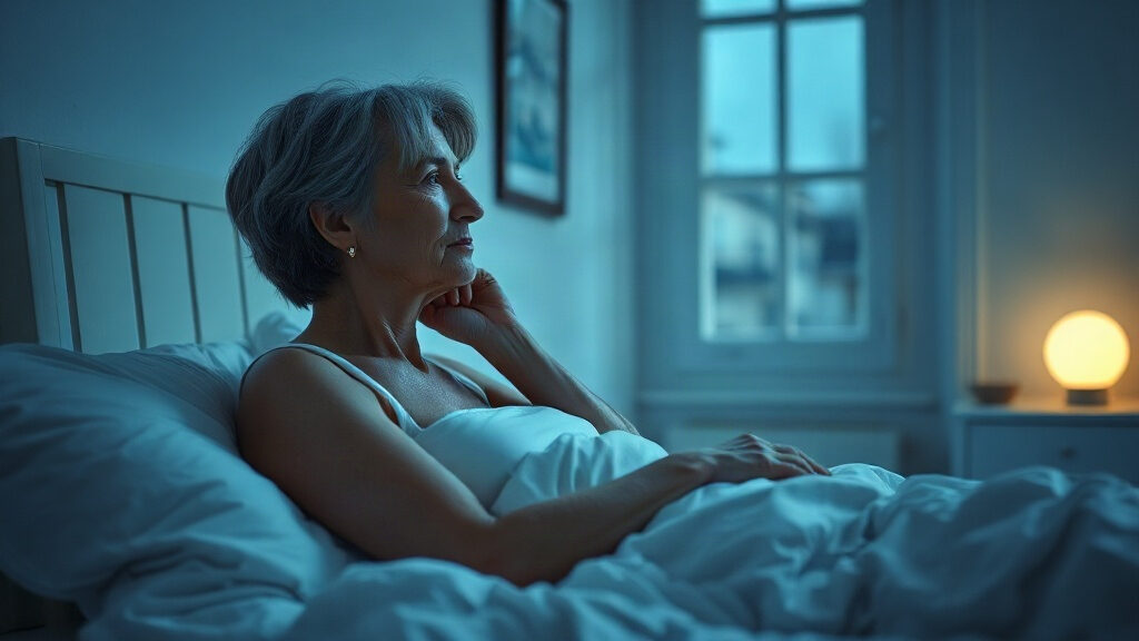 Sueurs nocturnes : 5 causes fréquentes, des hormones aux infections 1 sueurs nocturnes : femme réveillée la nuit dans des draps froissés, chambre baignée d'une lumière bleutée