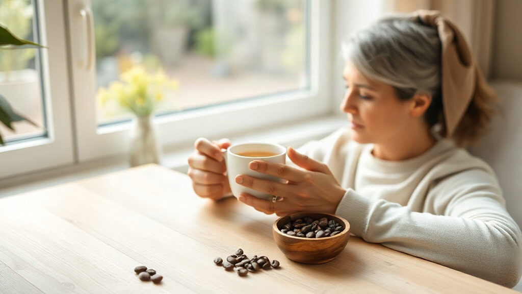 sevrage de café : personne au repos près d'une fenêtre avec une tasse d'infusion
