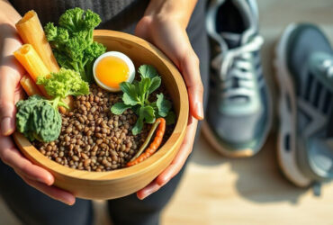 stagnation du poids : mains tenant un bol de lentilles, légumes verts et œuf, baskets de course à côté, lumière naturelle