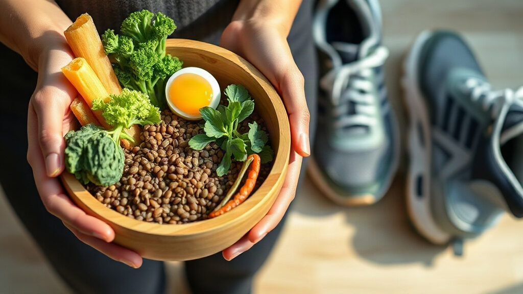 Stagnation du poids : pourquoi la balance bloque malgré les efforts ? 1 stagnation du poids : mains tenant un bol de lentilles, légumes verts et œuf, baskets de course à côté, lumière naturelle