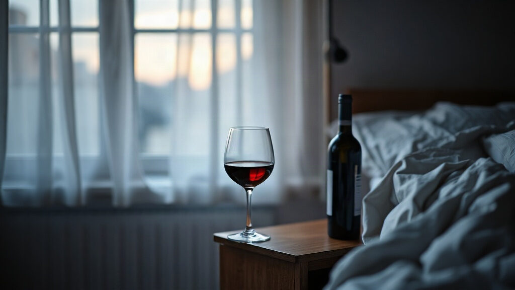 Alcool et sommeil : comment le verre du soir fragmente vos nuits 3 Alcool sommeil : verre de vin rouge posé sur une table de chevet dans une chambre au crépuscule