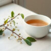 aubépine : branche fleurie aux fleurs blanches et tasse d'infusion