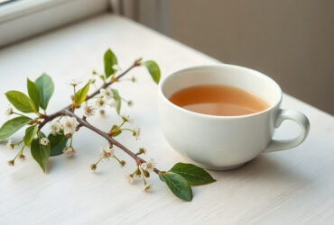 aubépine : branche fleurie aux fleurs blanches et tasse d'infusion