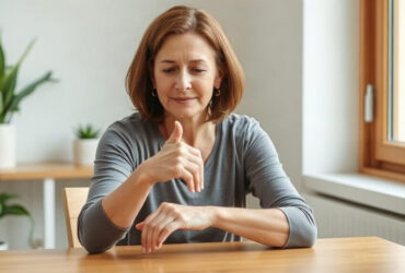 Femme de 50 ans qui masse son poignet, douleurs des articulations à la ménopause