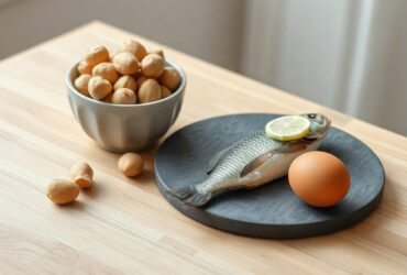sélénium dans l'alimentation : noix du Brésil, poisson et œufs sur une table en bois