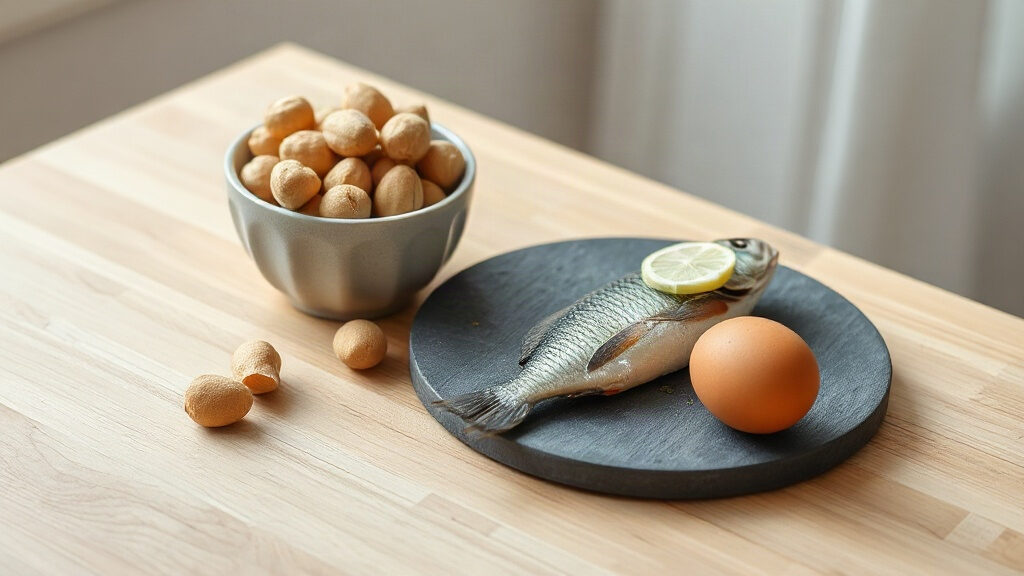 Sélénium : dose par jour, sources alimentaires et risque d'excès 3 sélénium dans l'alimentation : noix du Brésil, poisson et œufs sur une table en bois