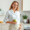 estomac qui gargouille : femme souriante, main sur le ventre, pomme verte à la main