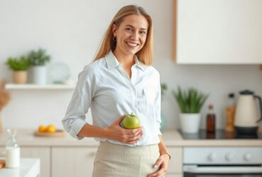 estomac qui gargouille : femme souriante, main sur le ventre, pomme verte à la main