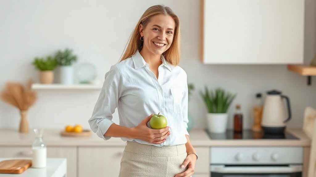 Estomac qui gargouille : faim, gaz ou digestion, comment savoir ? 1 estomac qui gargouille : femme souriante, main sur le ventre, pomme verte à la main
