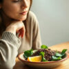 ferritine basse : femme pensive près d'une fenêtre lumineuse, assiette de lentilles et d'épinards riches en fer