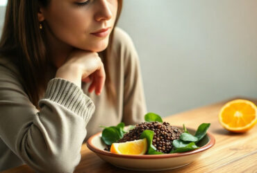 ferritine basse : femme pensive près d'une fenêtre lumineuse, assiette de lentilles et d'épinards riches en fer