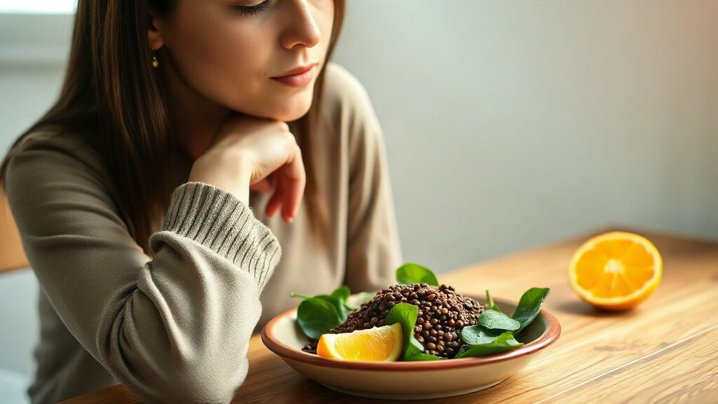 Ferritine basse : quels signes doivent faire demander un dosage ? 1 ferritine basse : femme pensive près d'une fenêtre lumineuse, assiette de lentilles et d'épinards riches en fer