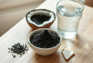 charbon végétal : poudre noire dans un bol en céramique à côté de coques de noix de coco et d'un verre d'eau