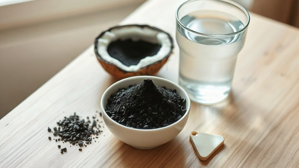 charbon végétal : poudre noire dans un bol en céramique à côté de coques de noix de coco et d'un verre d'eau