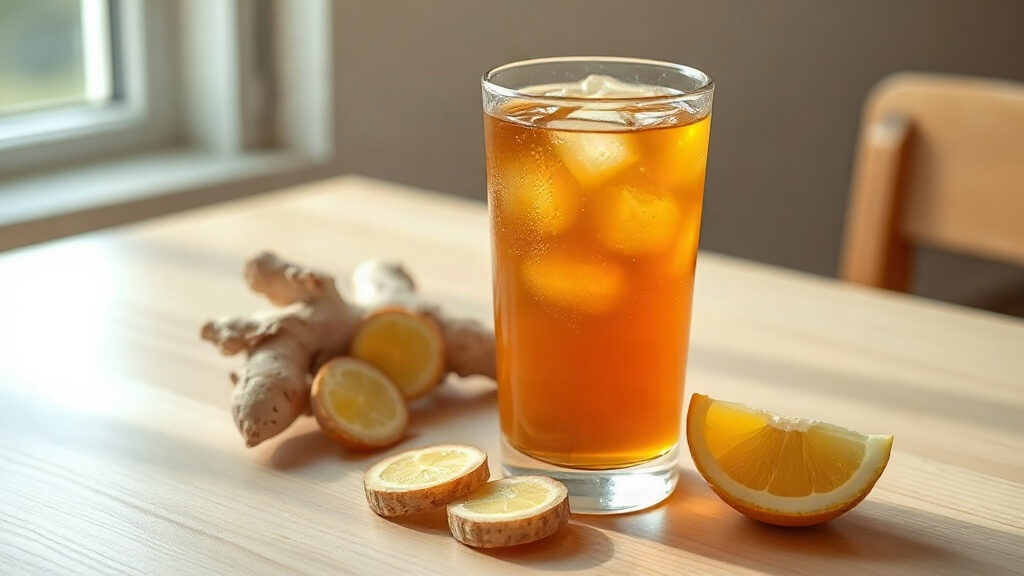 Kombucha : combien de verres par jour et quels risques à connaître ? 3 kombucha servi dans un verre avec tranches de gingembre et citron sur une table en bois