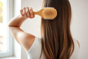 pousse des cheveux : femme brossant doucement ses longs cheveux châtains à la lumière naturelle d'une fenêtre