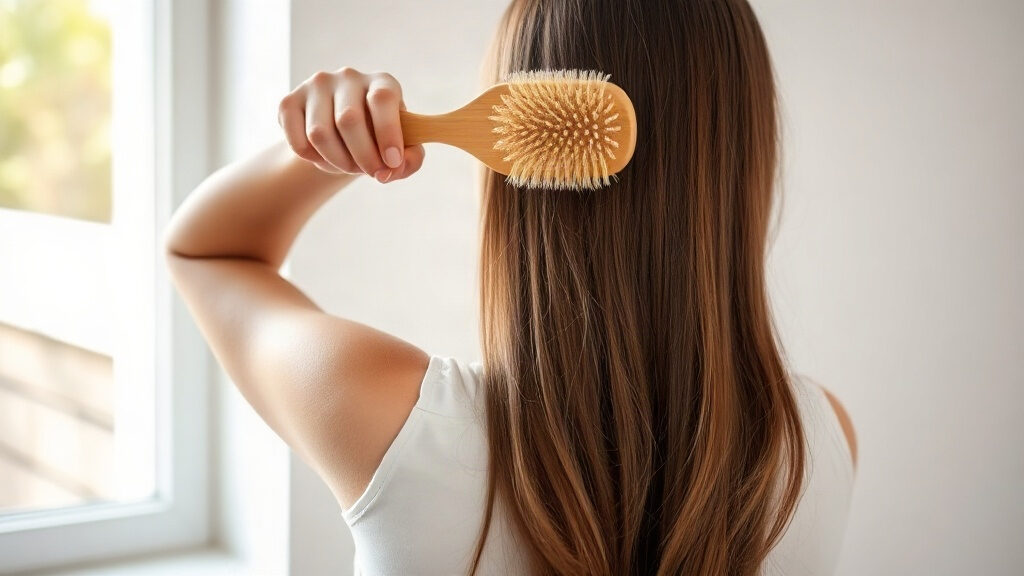Pousse des cheveux : 1 cm par mois et 5 facteurs qui la ralentissent 1 pousse des cheveux : femme brossant doucement ses longs cheveux châtains à la lumière naturelle d'une fenêtre