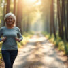 âge biologique et mode de vie : femme de 60 ans en marche active sur un sentier en forêt le matin