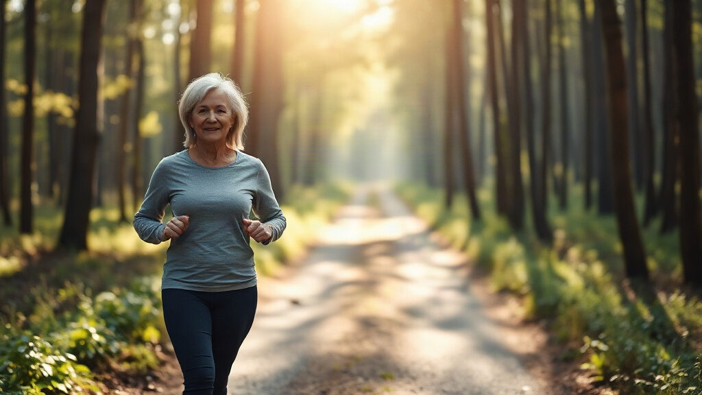 Âge biologique : comment le mode de vie fait varier son horloge 1 âge biologique et mode de vie : femme de 60 ans en marche active sur un sentier en forêt le matin
