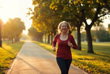 carnitine ou coenzyme Q10 pour l'énergie : femme souriante qui court le matin dans un parc baigné de lumière