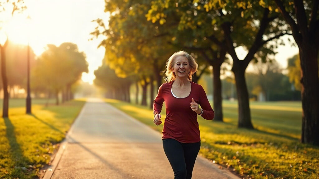 carnitine ou coenzyme Q10 pour l'énergie : femme souriante qui court le matin dans un parc baigné de lumière