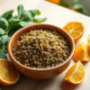 fer bisglycinate : assiette de lentilles, épinards et agrumes riches en fer sur une table lumineuse